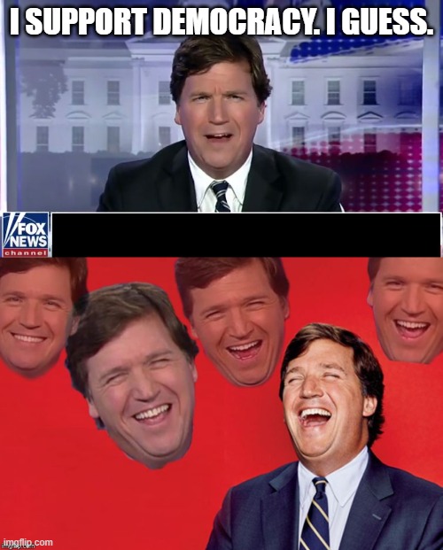 I SUPPORT DEMOCRACY. I GUESS. | image tagged in tucker carlson,tucker laughs at libs | made w/ Imgflip meme maker