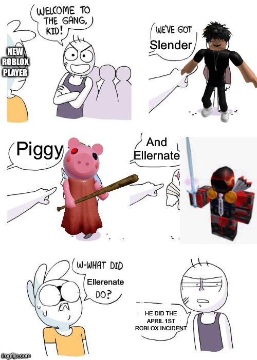 Roblox incident | NEW ROBLOX PLAYER; Slender; Piggy; And Ellernate; Ellerenate; HE DID THE APRIL 1ST ROBLOX INCIDENT | image tagged in crimes johnson,roblox | made w/ Imgflip meme maker