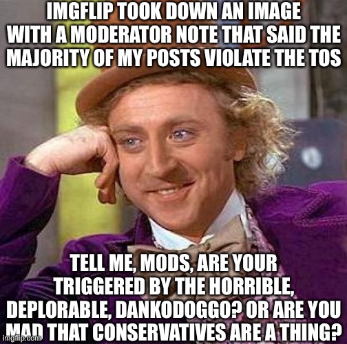 Creepy Condescending Wonka | IMGFLIP TOOK DOWN AN IMAGE WITH A MODERATOR NOTE THAT SAID THE MAJORITY OF MY POSTS VIOLATE THE TOS; TELL ME, MODS, ARE YOUR TRIGGERED BY THE HORRIBLE, DEPLORABLE, DANKODOGGO? OR ARE YOU MAD THAT CONSERVATIVES ARE A THING? | image tagged in memes,creepy condescending wonka,oh wow are you actually reading these tags | made w/ Imgflip meme maker