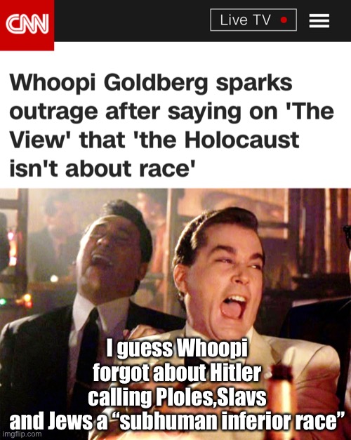 Yes, Judaism is a religion but the Nazis considered them a non Aryan race | I guess Whoopi forgot about Hitler calling Ploles,Slavs and Jews a “subhuman inferior race” | image tagged in memes,good fellas hilarious,politics,derp,stupid people | made w/ Imgflip meme maker