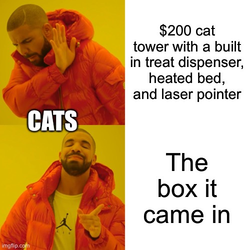 Drake Hotline Bling Meme | $200 cat tower with a built in treat dispenser, heated bed, and laser pointer; CATS; The box it came in | image tagged in memes,drake hotline bling | made w/ Imgflip meme maker