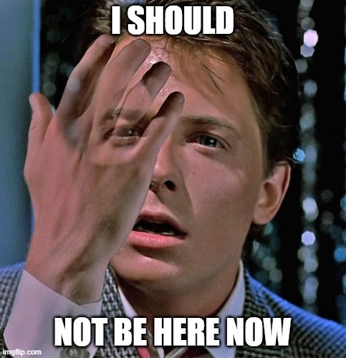 Marty McFly Invisible Hand | I SHOULD NOT BE HERE NOW | image tagged in marty mcfly invisible hand | made w/ Imgflip meme maker