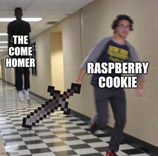 floating boy chasing running boy | THE COME HOMER; RASPBERRY COOKIE | image tagged in floating boy chasing running boy,cookie,run,cr,cookie run | made w/ Imgflip meme maker
