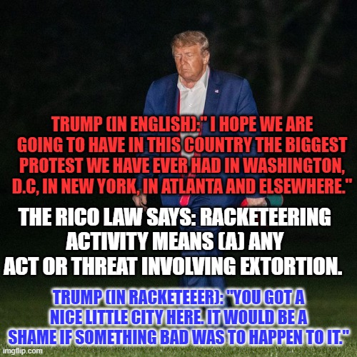 The Don acts more like a "Don," every day. | TRUMP (IN ENGLISH):" I HOPE WE ARE GOING TO HAVE IN THIS COUNTRY THE BIGGEST PROTEST WE HAVE EVER HAD IN WASHINGTON, D.C, IN NEW YORK, IN ATLANTA AND ELSEWHERE."; THE RICO LAW SAYS: RACKETEERING ACTIVITY MEANS (A) ANY ACT OR THREAT INVOLVING EXTORTION. TRUMP (IN RACKETEEER): "YOU GOT A NICE LITTLE CITY HERE. IT WOULD BE A SHAME IF SOMETHING BAD WAS TO HAPPEN TO IT." | image tagged in politics | made w/ Imgflip meme maker