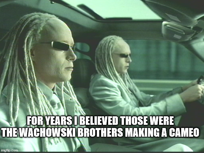 Matrix Twins | FOR YEARS I BELIEVED THOSE WERE THE WACHOWSKI BROTHERS MAKING A CAMEO | image tagged in matrix twins | made w/ Imgflip meme maker