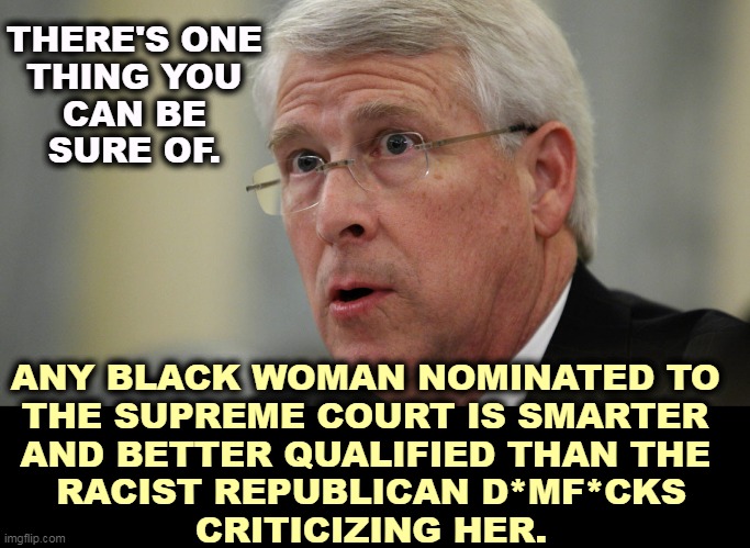 THERE'S ONE 
THING YOU 
CAN BE 
SURE OF. ANY BLACK WOMAN NOMINATED TO 
THE SUPREME COURT IS SMARTER 
AND BETTER QUALIFIED THAN THE 
RACIST REPUBLICAN D*MF*CKS
CRITICIZING HER. | image tagged in black,woman,smart,republican,critics,dumb and dumber | made w/ Imgflip meme maker