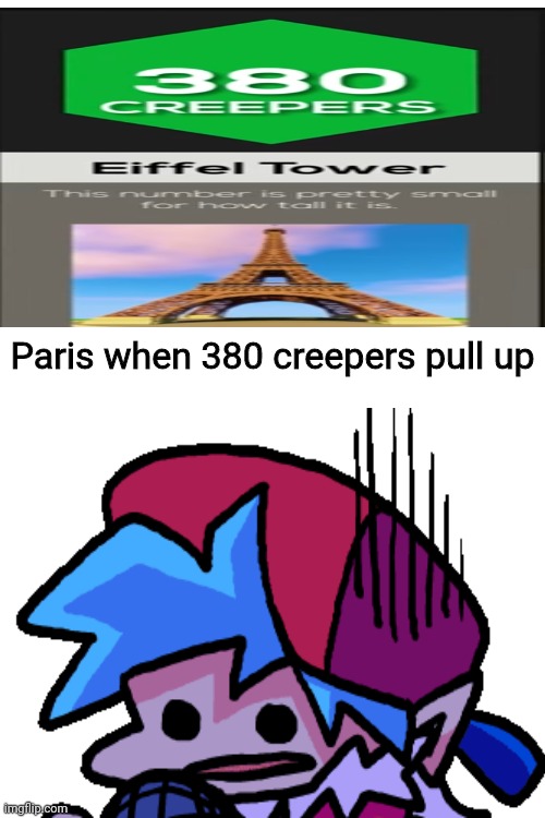 How many creepers to blow up... | Paris when 380 creepers pull up | image tagged in oh no,minecraft,minecraft creeper,paris,eiffel tower,minecraft memes | made w/ Imgflip meme maker