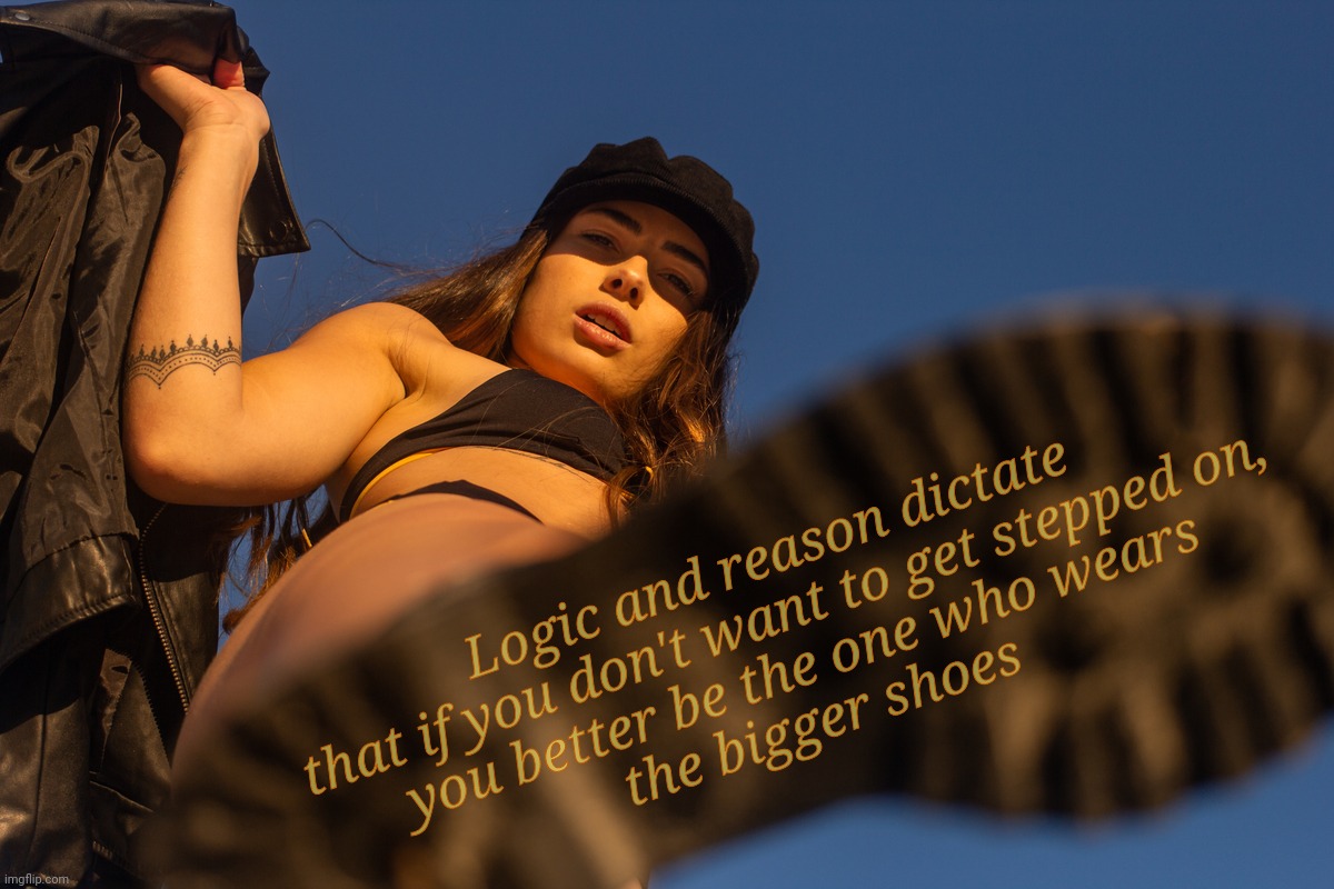 shoe bottom | Logic and reason dictate that if you don't want to get stepped on,
you better be the one who wears
the bigger shoes | image tagged in shoe bottom | made w/ Imgflip meme maker