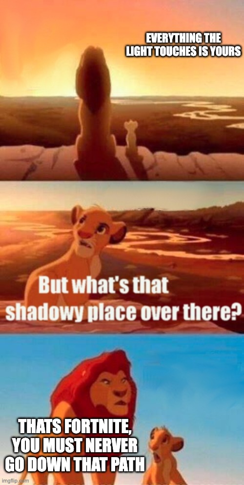 Simba Shadowy Place Meme | EVERYTHING THE LIGHT TOUCHES IS YOURS; THATS FORTNITE, YOU MUST NERVER GO DOWN THAT PATH | image tagged in memes,simba shadowy place | made w/ Imgflip meme maker