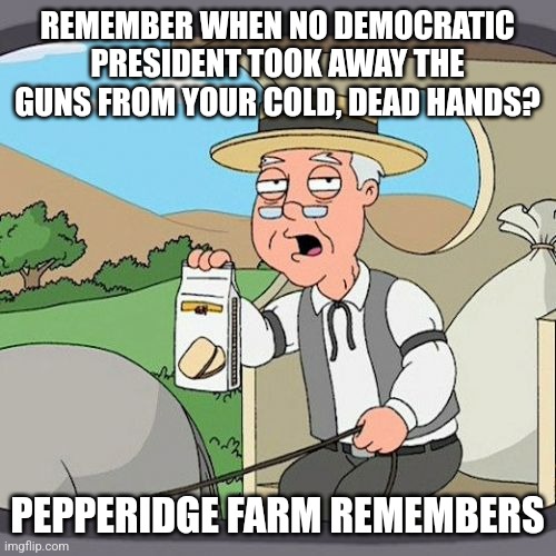 Gun control | REMEMBER WHEN NO DEMOCRATIC PRESIDENT TOOK AWAY THE GUNS FROM YOUR COLD, DEAD HANDS? PEPPERIDGE FARM REMEMBERS | image tagged in memes,pepperidge farm remembers | made w/ Imgflip meme maker