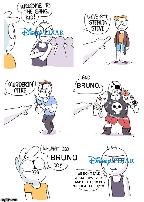 SILENCIO BRUNO! (idk if this meme is funny tbh) | BRUNO. BRUNO; WE DON’T TALK ABOUT HIM. EVER. AND HE HAS TO BE SILENT AT ALL TIMES. | image tagged in crimes johnson,encanto,luca,disney,funny,memes | made w/ Imgflip meme maker