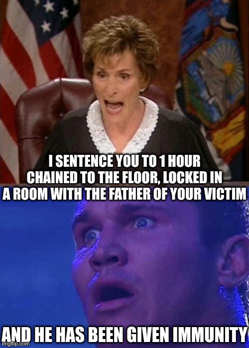 After that hour, the world had one fewer child molester | I SENTENCE YOU TO 1 HOUR CHAINED TO THE FLOOR, LOCKED IN A ROOM WITH THE FATHER OF YOUR VICTIM; AND HE HAS BEEN GIVEN IMMUNITY | image tagged in judge judy | made w/ Imgflip meme maker
