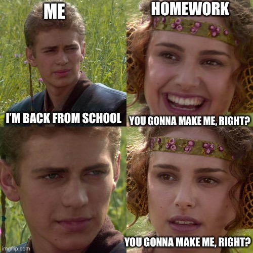 What do I do when I get home? | HOMEWORK; ME; I’M BACK FROM SCHOOL; YOU GONNA MAKE ME, RIGHT? YOU GONNA MAKE ME, RIGHT? | image tagged in anakin padme 4 panel | made w/ Imgflip meme maker