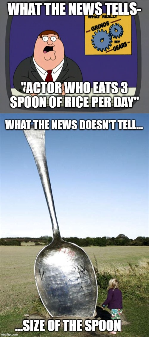 WHAT THE NEWS DOESN'T TELL... | WHAT THE NEWS TELLS-; "ACTOR WHO EATS 3 SPOON OF RICE PER DAY"; WHAT THE NEWS DOESN'T TELL... ...SIZE OF THE SPOON | image tagged in memes,peter griffin news | made w/ Imgflip meme maker