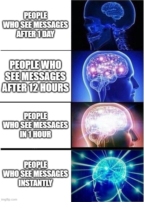 Watching A Message | PEOPLE WHO SEE MESSAGES AFTER 1 DAY; PEOPLE WHO SEE MESSAGES AFTER 12 HOURS; PEOPLE WHO SEE MESSAGES IN 1 HOUR; PEOPLE WHO SEE MESSAGES INSTANTLY | image tagged in memes,expanding brain | made w/ Imgflip meme maker