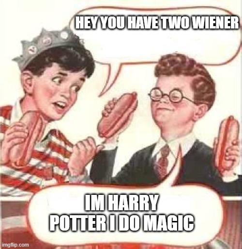 its not fair you have magic | HEY YOU HAVE TWO WIENER; IM HARRY POTTER I DO MAGIC | image tagged in two wieners,memes,magic,gifs | made w/ Imgflip meme maker