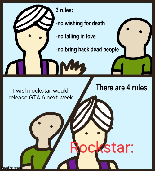 Genie Rules Meme | I wish rockstar would release GTA 6 next week; Rockstar: | image tagged in genie rules meme | made w/ Imgflip meme maker