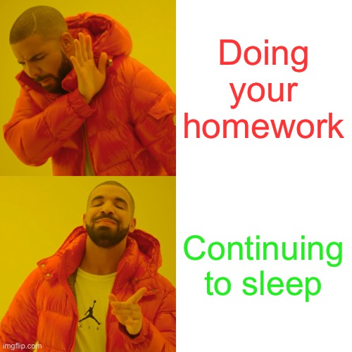 Drake Hotline Bling | Doing your homework; Continuing to sleep | image tagged in memes,drake hotline bling | made w/ Imgflip meme maker