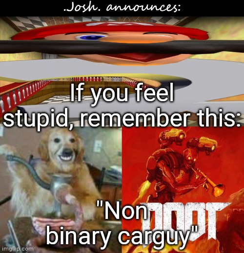 I have dick that functions. Otherwise i'm nonbinary (deciphers binary code) | If you feel stupid, remember this:; "Non binary carguy" | image tagged in josh's announcement temp v2 0 | made w/ Imgflip meme maker