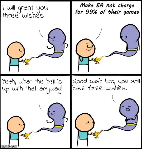 3 Wishes | Make EA not charge for 99% of their games | image tagged in 3 wishes | made w/ Imgflip meme maker