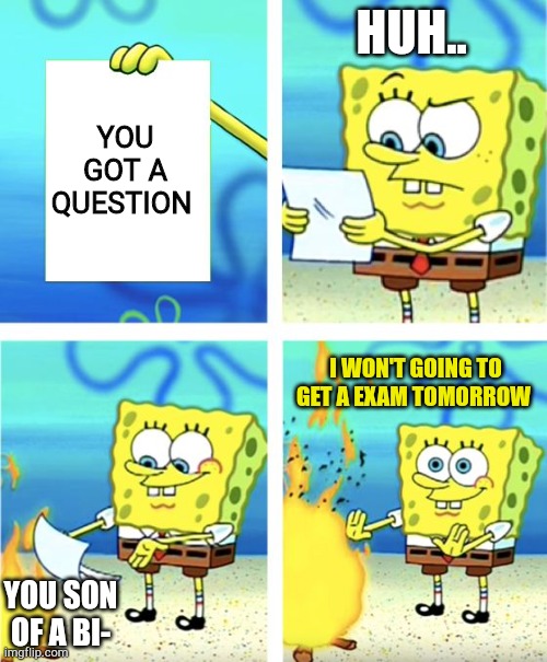 When Spongebob Squarepants see the paper but it's.. | HUH.. YOU GOT A QUESTION; I WON'T GOING TO GET A EXAM TOMORROW; YOU SON OF A BI- | image tagged in spongebob burning paper,memes | made w/ Imgflip meme maker