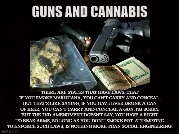 FREEDOM IS ENEMY OF THE STATE | GUNS AND CANNABIS; THERE ARE STATES THAT HAVE LAWS, THAT IF YOU SMOKE MARIJUANA, YOU CAN'T CARRY AND CONCEAL, BUT THAT'S LIKE SAYING, IF YOU HAVE EVER DRUNK A CAN OF BEER, YOU CAN'T CARRY AND CONCEAL A GUN. I'M SORRY, BUT THE 2ND AMENDMENT DOESN'T SAY, YOU HAVE A RIGHT TO BEAR ARMS, SO LONG AS YOU DON'T SMOKE POT. ATTEMPTING TO ENFORCE SUCH LAWS, IS NOTHING MORE THAN SOCIAL ENGINEERING. | image tagged in guns,cannabis,marijuana,2nd amendment,beer,vapor | made w/ Imgflip meme maker