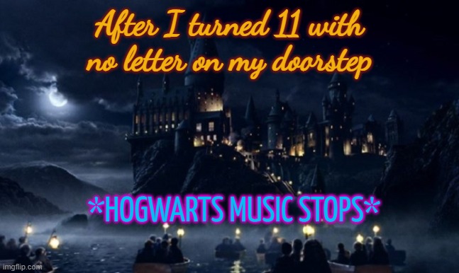 new temp bois | After I turned 11 with no letter on my doorstep | image tagged in hogwarts music stops | made w/ Imgflip meme maker