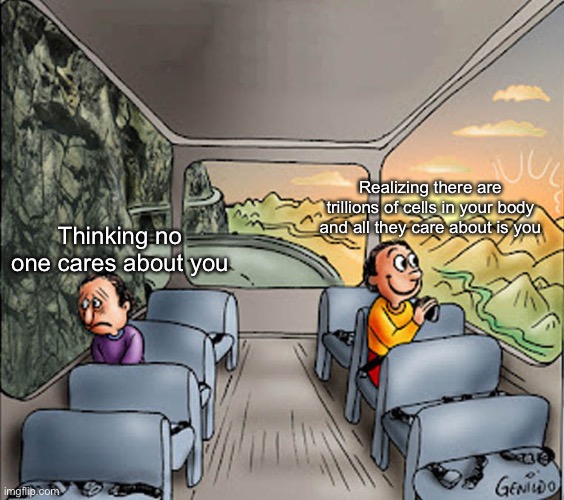 Checkmate suicidal people | Realizing there are trillions of cells in your body and all they care about is you; Thinking no one cares about you | image tagged in two guys on a bus | made w/ Imgflip meme maker