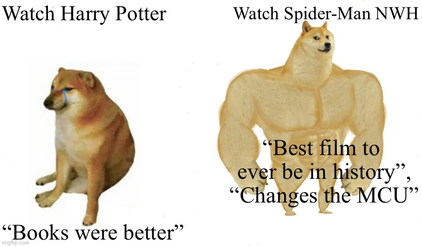 buff doge vs cheems reverse: true tho:) | Watch Harry Potter; Watch Spider-Man NWH; “Best film to 
ever be in history”,
“Changes the MCU”; “Books were better” | image tagged in buff doge vs cheems reversed | made w/ Imgflip meme maker