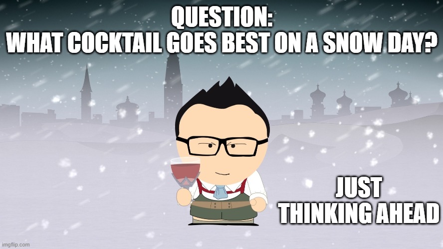 snow day | QUESTION:
WHAT COCKTAIL GOES BEST ON A SNOW DAY? JUST THINKING AHEAD | image tagged in fun | made w/ Imgflip meme maker