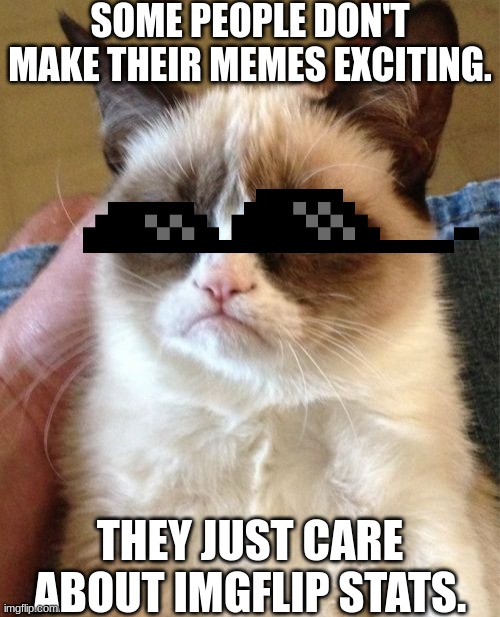 Your memes aren't exciting | SOME PEOPLE DON'T MAKE THEIR MEMES EXCITING. THEY JUST CARE ABOUT IMGFLIP STATS. | image tagged in memes,cats,funny,stats,sunglasses,grumpy cat happy | made w/ Imgflip meme maker