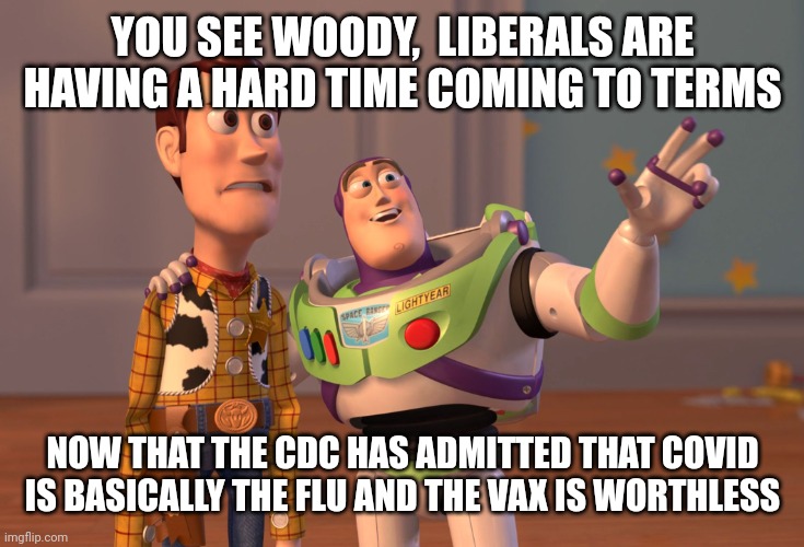 X, X Everywhere | YOU SEE WOODY,  LIBERALS ARE HAVING A HARD TIME COMING TO TERMS; NOW THAT THE CDC HAS ADMITTED THAT COVID IS BASICALLY THE FLU AND THE VAX IS WORTHLESS | image tagged in memes,x x everywhere | made w/ Imgflip meme maker