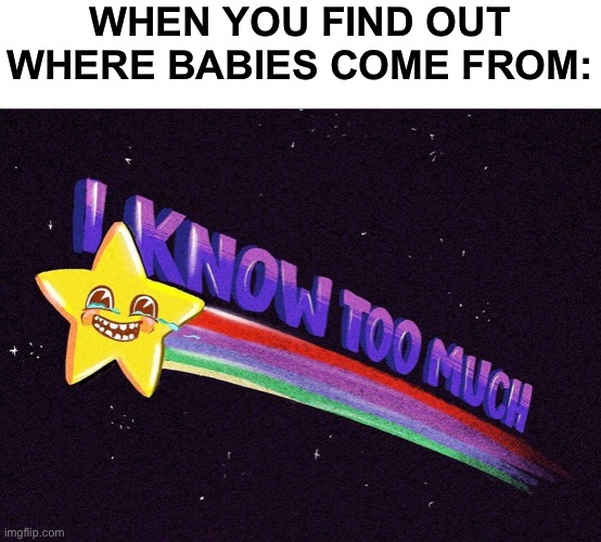 I know too much | WHEN YOU FIND OUT WHERE BABIES COME FROM: | image tagged in i know too much,nsfw filth week,lolz,oh wow are you actually reading these tags | made w/ Imgflip meme maker