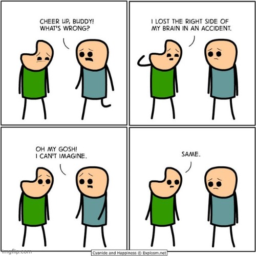 Lost right side of brain | image tagged in brain,cyanide and happiness,cyanide,comics/cartoons,comics,comic | made w/ Imgflip meme maker