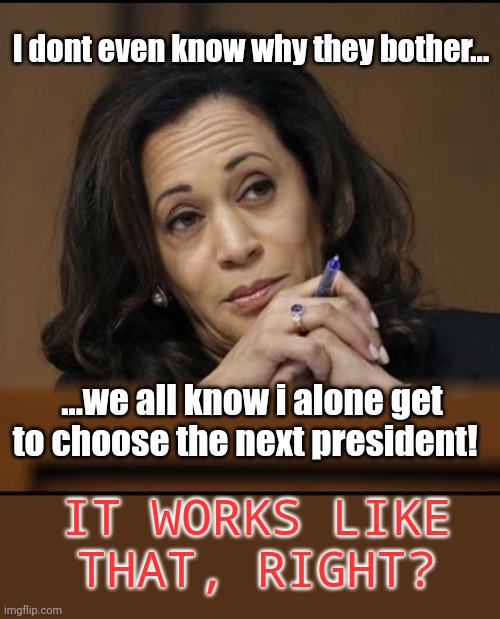 I mean, this is how it works, right? | I dont even know why they bother... ...we all know i alone get to choose the next president! IT WORKS LIKE THAT, RIGHT? | image tagged in kamala harris | made w/ Imgflip meme maker