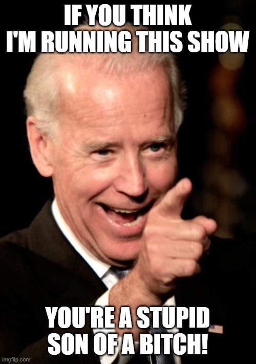 Smilin Biden Meme | IF YOU THINK I'M RUNNING THIS SHOW; YOU'RE A STUPID SON OF A BITCH! | image tagged in memes,smilin biden | made w/ Imgflip meme maker