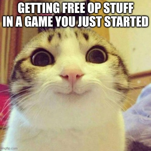 freee stuff | GETTING FREE OP STUFF IN A GAME YOU JUST STARTED | image tagged in memes,smiling cat | made w/ Imgflip meme maker