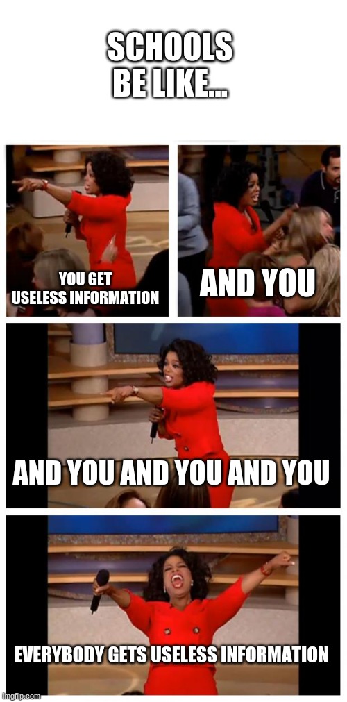 Schools be like... |  SCHOOLS BE LIKE... AND YOU; YOU GET USELESS INFORMATION; AND YOU AND YOU AND YOU; EVERYBODY GETS USELESS INFORMATION | image tagged in memes,oprah you get a car everybody gets a car | made w/ Imgflip meme maker