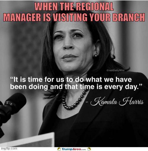 Lots of work stuff happening here | WHEN THE REGIONAL MANAGER IS VISITING YOUR BRANCH | image tagged in work,boss,manager,kamala harris,quote,inspirational quote | made w/ Imgflip meme maker