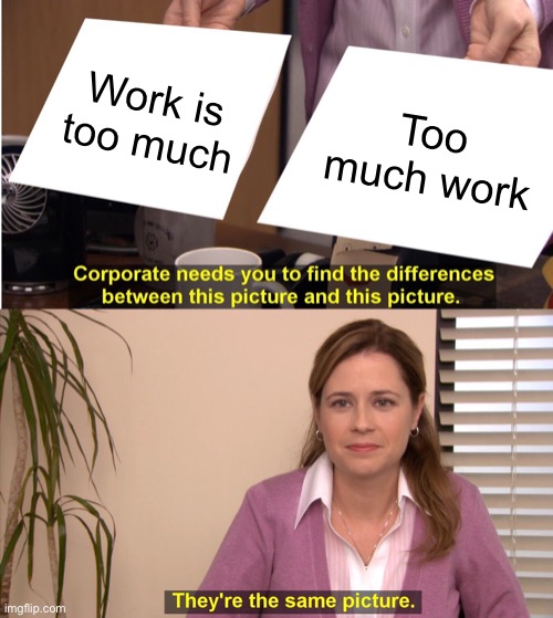 Too Much Work | Work is too much; Too much work | image tagged in memes,they're the same picture,too much work,work is too much,work sucks,too much | made w/ Imgflip meme maker