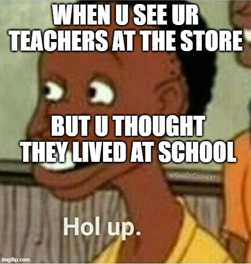 hol up |  WHEN U SEE UR TEACHERS AT THE STORE; BUT U THOUGHT THEY LIVED AT SCHOOL | image tagged in hol up | made w/ Imgflip meme maker