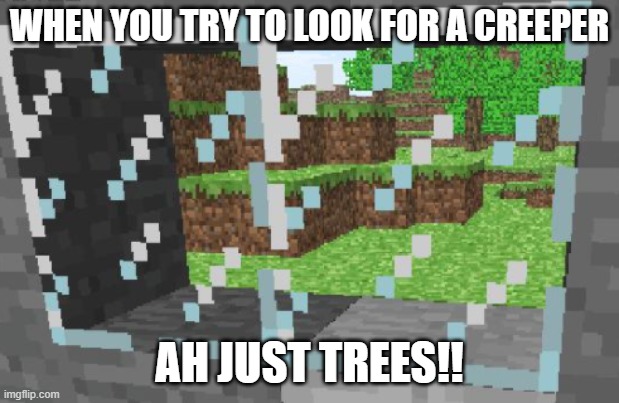 glass | WHEN YOU TRY TO LOOK FOR A CREEPER; AH JUST TREES!! | image tagged in glass,minecraft | made w/ Imgflip meme maker