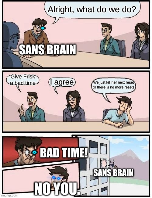 Sans Brain | Alright, what do we do? SANS BRAIN; Give Frisk a bad time; I agree; We just kill her next reset till there is no more resets; BAD TIME! SANS BRAIN; NO YOU. | image tagged in memes,boardroom meeting suggestion | made w/ Imgflip meme maker