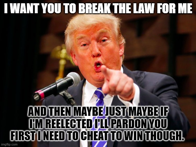 trump point | I WANT YOU TO BREAK THE LAW FOR ME; AND THEN MAYBE JUST MAYBE IF I'M REELECTED I'LL PARDON YOU
FIRST I NEED TO CHEAT TO WIN THOUGH. | image tagged in trump point | made w/ Imgflip meme maker