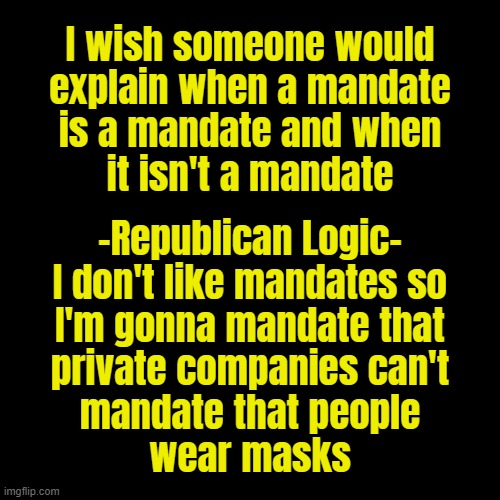 mandates | I wish someone would
explain when a mandate
is a mandate and when
it isn't a mandate; -Republican Logic-
I don't like mandates so
I'm gonna mandate that
private companies can't
mandate that people
wear masks | image tagged in black square,mandates,republican logic,liars,manipulation,covid vaccine | made w/ Imgflip meme maker