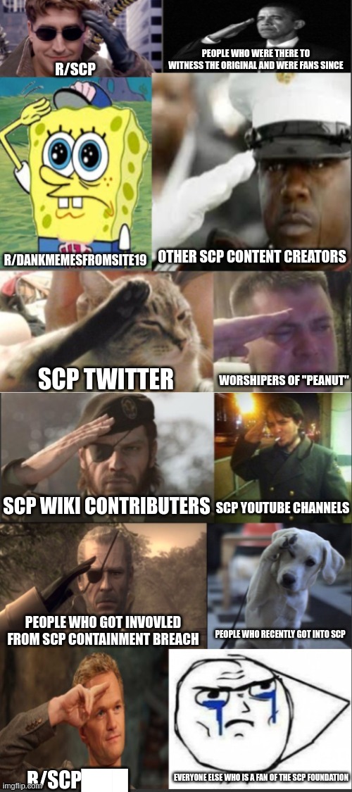 So long, peanut. You made some good crunches. | PEOPLE WHO WERE THERE TO WITNESS THE ORIGINAL AND WERE FANS SINCE; R/SCP; OTHER SCP CONTENT CREATORS; R/DANKMEMESFROMSITE19; SCP TWITTER; WORSHIPERS OF "PEANUT"; SCP YOUTUBE CHANNELS; SCP WIKI CONTRIBUTERS; PEOPLE WHO GOT INVOVLED FROM SCP CONTAINMENT BREACH; PEOPLE WHO RECENTLY GOT INTO SCP; EVERYONE ELSE WHO IS A FAN OF THE SCP FOUNDATION; R/SCP███ | image tagged in alot of salute,scp,scp meme,scp 173 | made w/ Imgflip meme maker