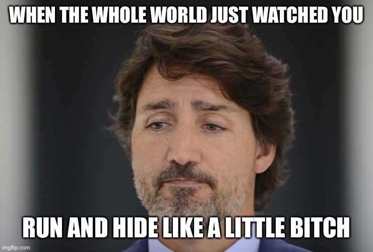 Justin Trudeau sad | WHEN THE WHOLE WORLD JUST WATCHED YOU; RUN AND HIDE LIKE A LITTLE BITCH | image tagged in justin trudeau sad | made w/ Imgflip meme maker