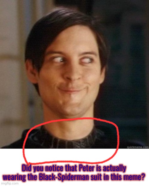 evil smile | Did you notice that Peter is actually wearing the Black-Spiderman suit in this meme? | image tagged in evil smile | made w/ Imgflip meme maker