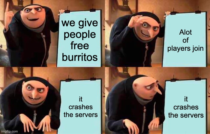 Roblox be like | we give people free burritos; Alot of players join; it crashes the servers; it crashes the servers | image tagged in memes,gru's plan | made w/ Imgflip meme maker