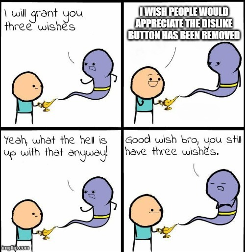 you have three wishes | I WISH PEOPLE WOULD APPRECIATE THE DISLIKE BUTTON HAS BEEN REMOVED | image tagged in you still have 3 wishes | made w/ Imgflip meme maker